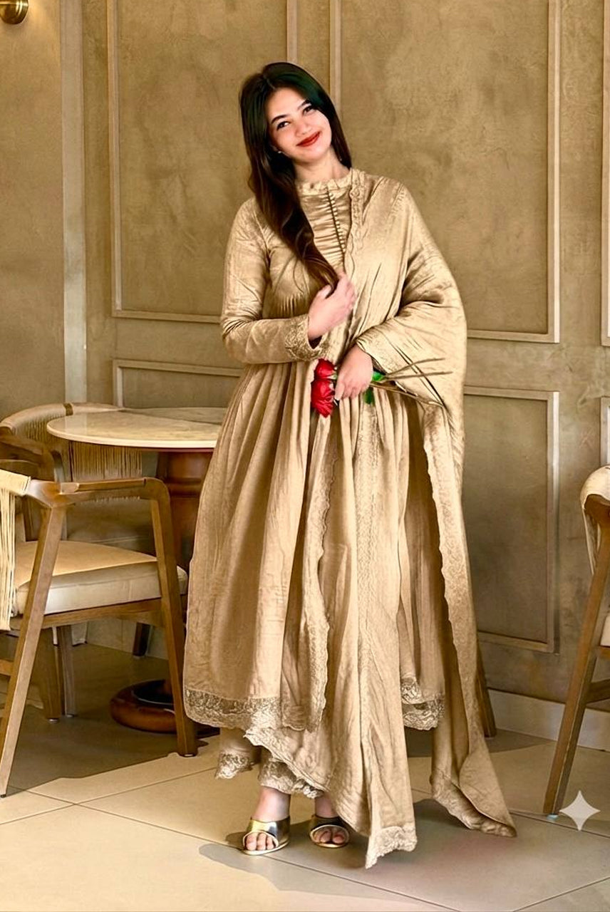 Champagne Beige Embroidered Anarkali Suit Set with Dupatta