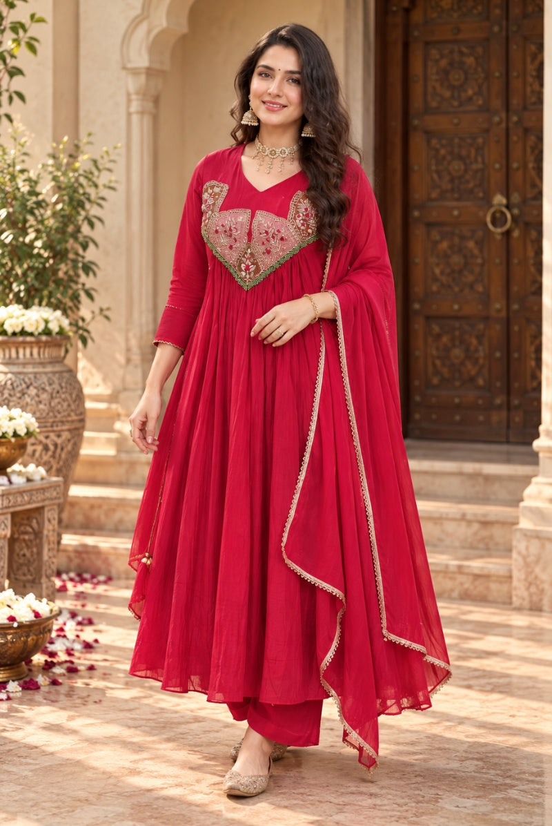 Red Wine Embroidered Pure Mal Chanderi Anarkali Suit Set