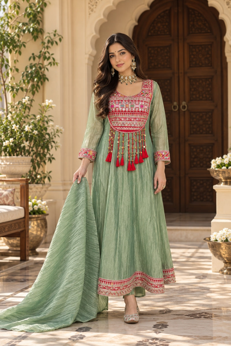Sage Green Embroidered Salsa Crush Silk Anarkali Pant Dupatta Set