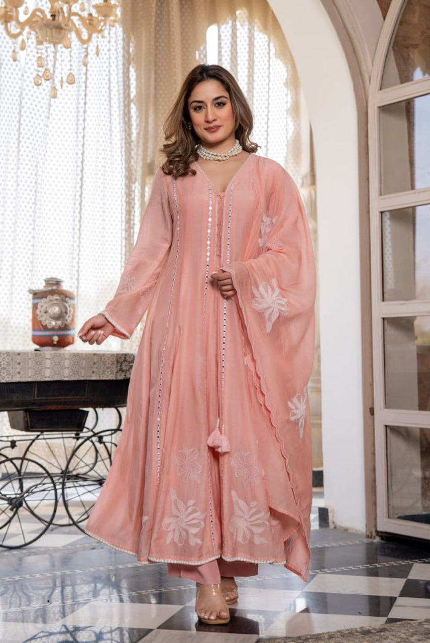 Peach Embroidered A-Line Kurta Set with Dupatta