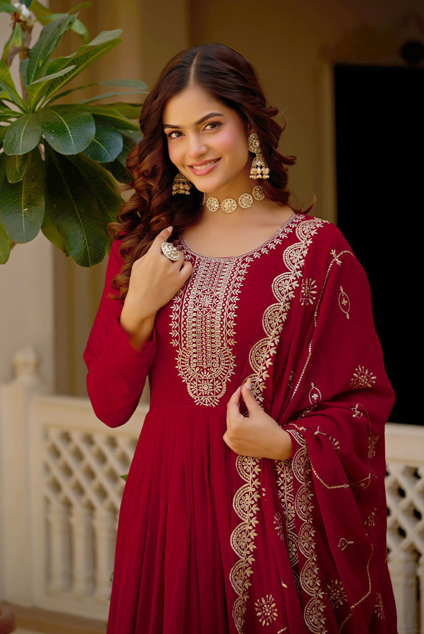 Rani Wine Embroidered Anarkali Kurta Set with Dupatta