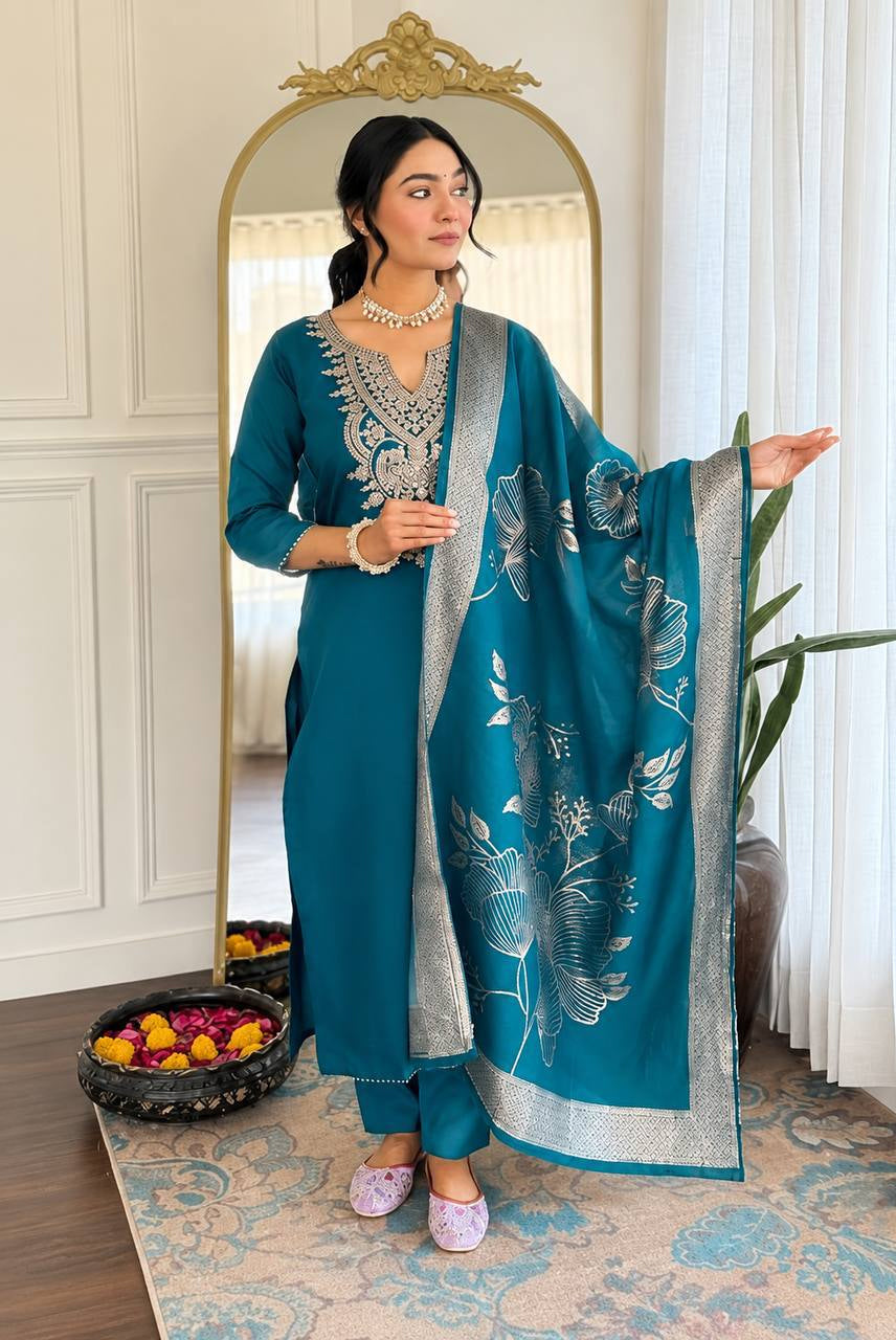 Teal Blue Embroidered Kurta Pant Set with Floral Printed Dupatta