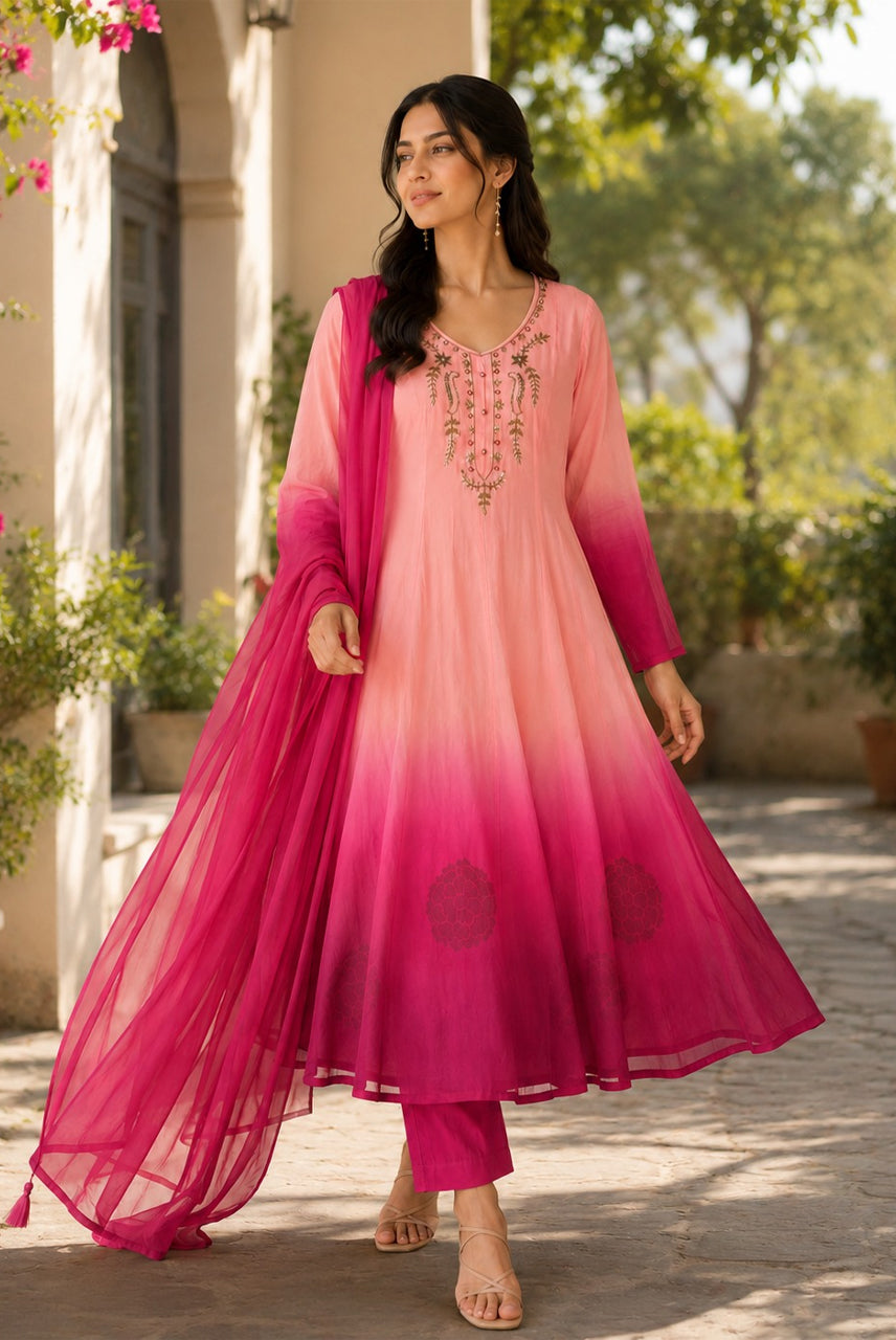 Ombre Pink Embroidered Anarkali Kurta Set with Dupatta