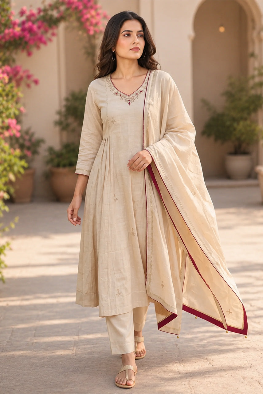 Ivory Embroidered A-Line Kurta Set with Contrast Dupatta