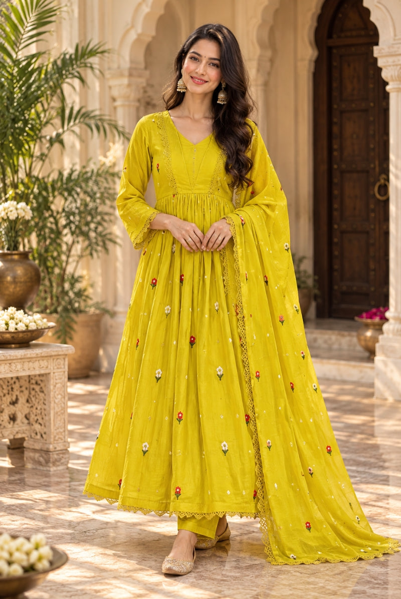 Yellow Embroidered Pure Mal Chanderi Anarkali Suit Set