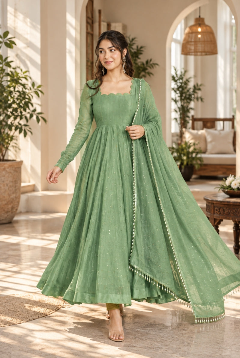 Sage Green Salsa Silk Anarkali Suit Set with Dupatta