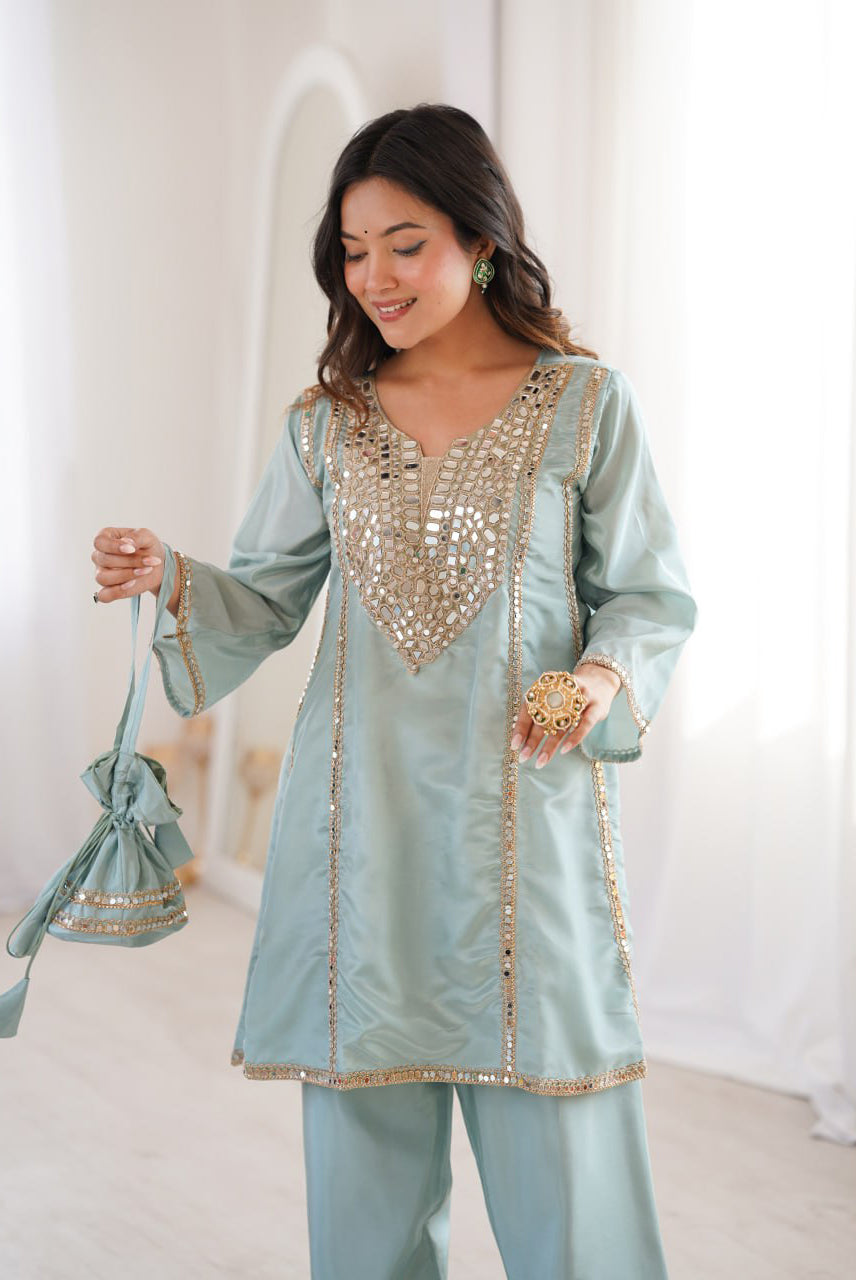 Powder Blue Mirror Work Kurta Sharara Set