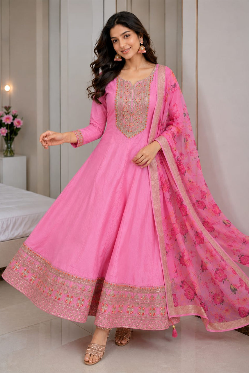 Gulnaar Rani – Pink Zari Anarkali Dupatta Set