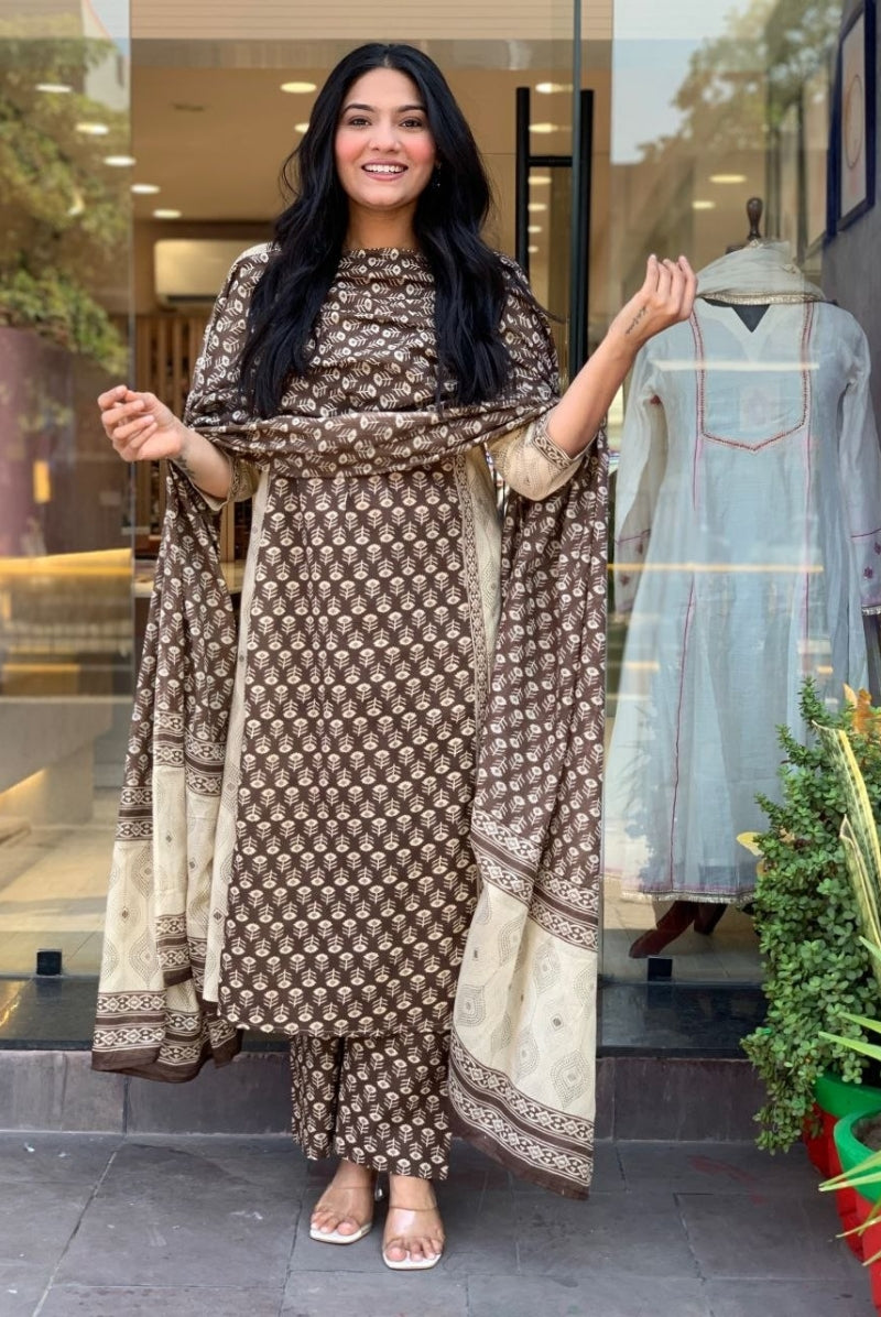 Brown & Ivory Printed Jaipur Cotton Suit Set with Dupatta