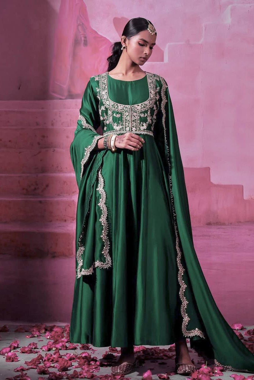 Emerald Green Embroidered Anarkali Gown Set with Dupatta