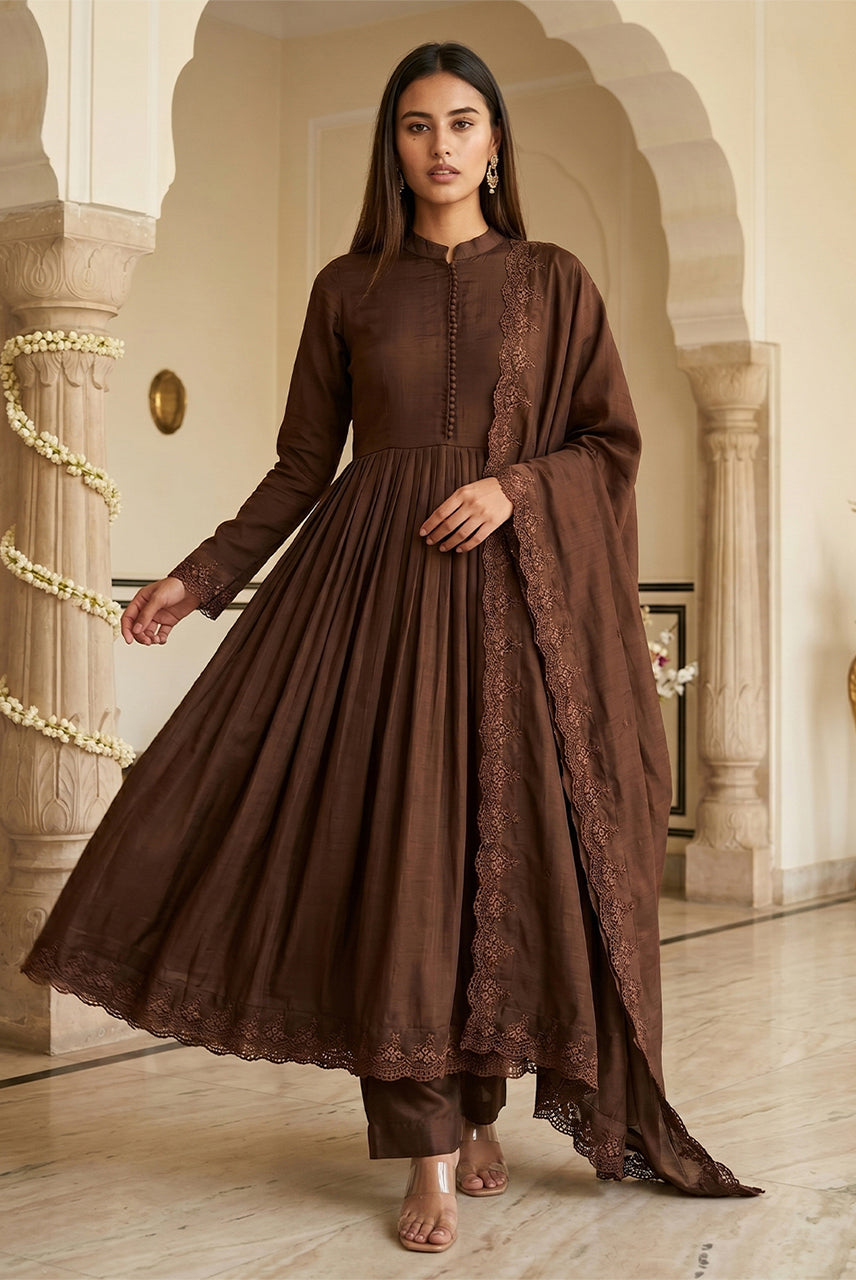 Cocoa Royale Brown Anarkali Kurta Set with Designer Dupatta
