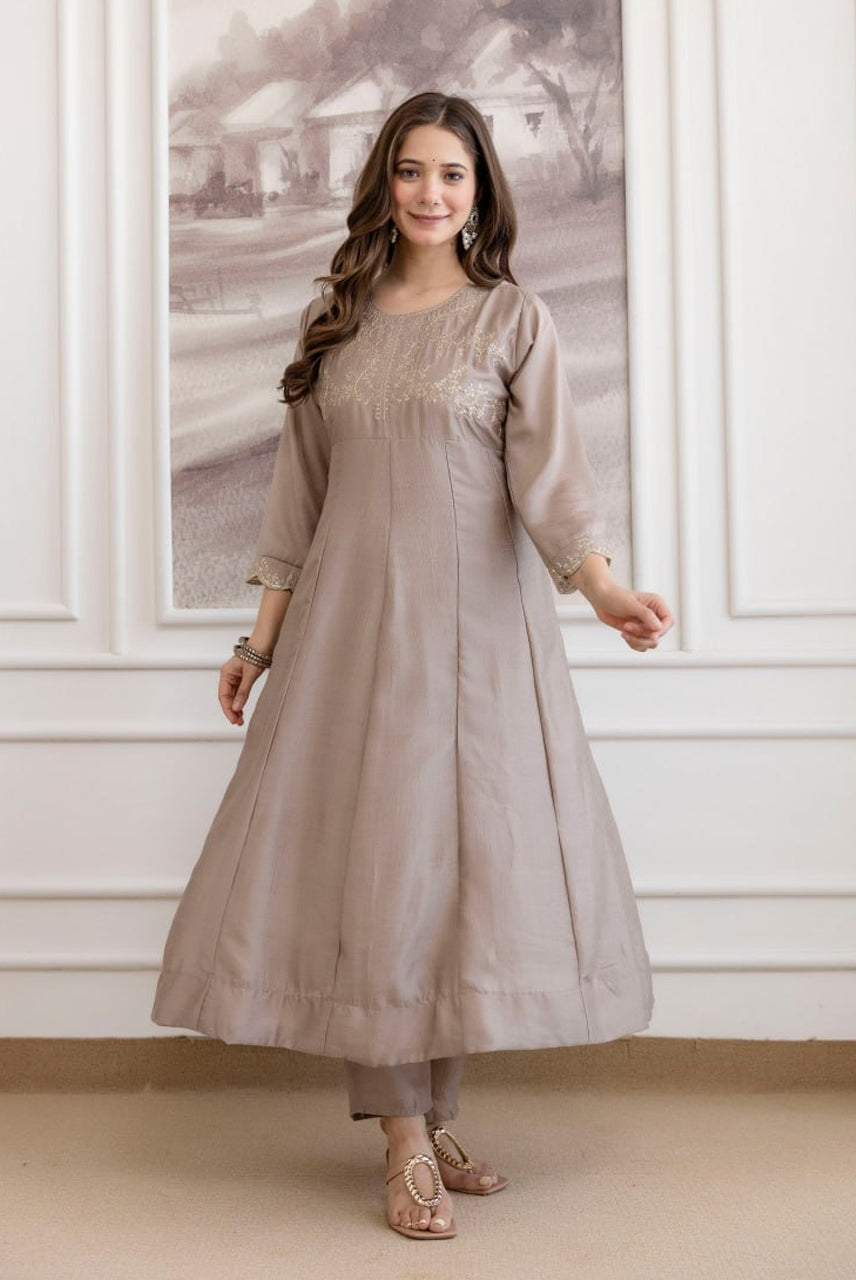 Taupe Embroidered A-Line Kurta Set with Dupatta