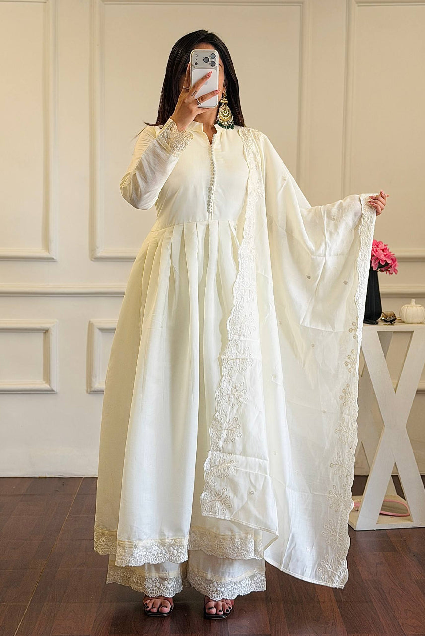 White Embroidered Anarkali Suit Set with Dupatta