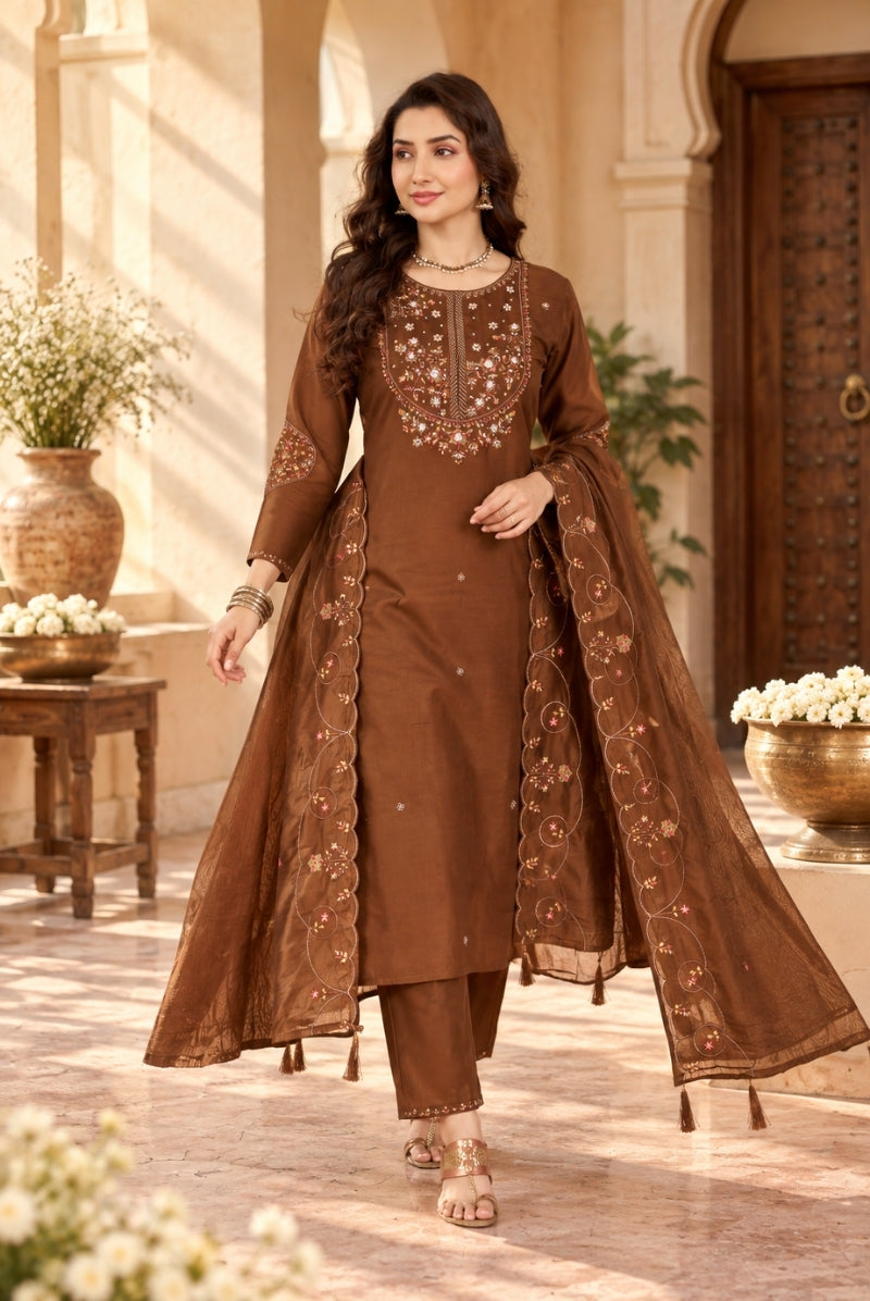Chocolate Brown Marina Silk Embroidered Suit Set with Dupatta