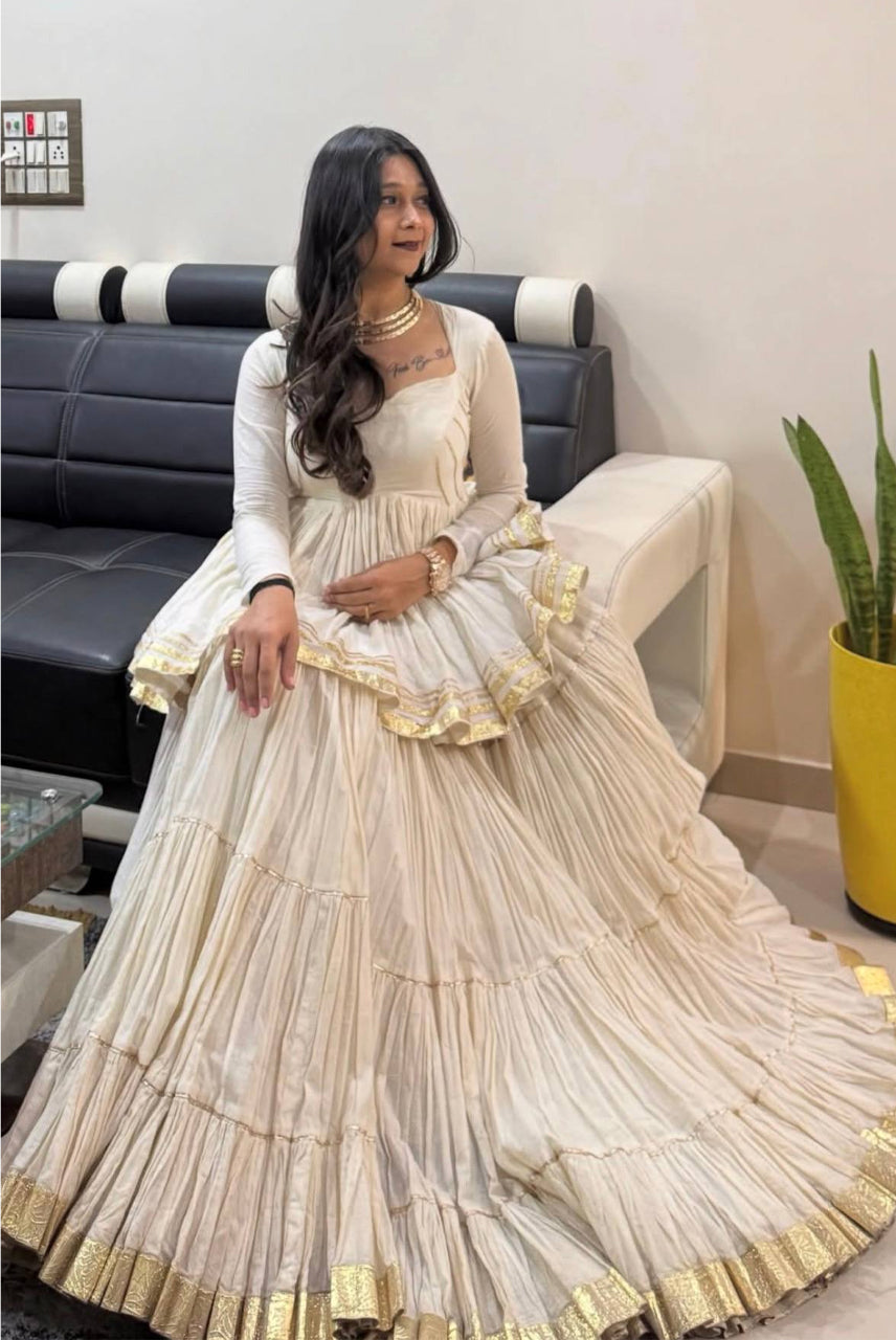 Ivory White Tiered Anarkali Gown with Ruffle Dupatta