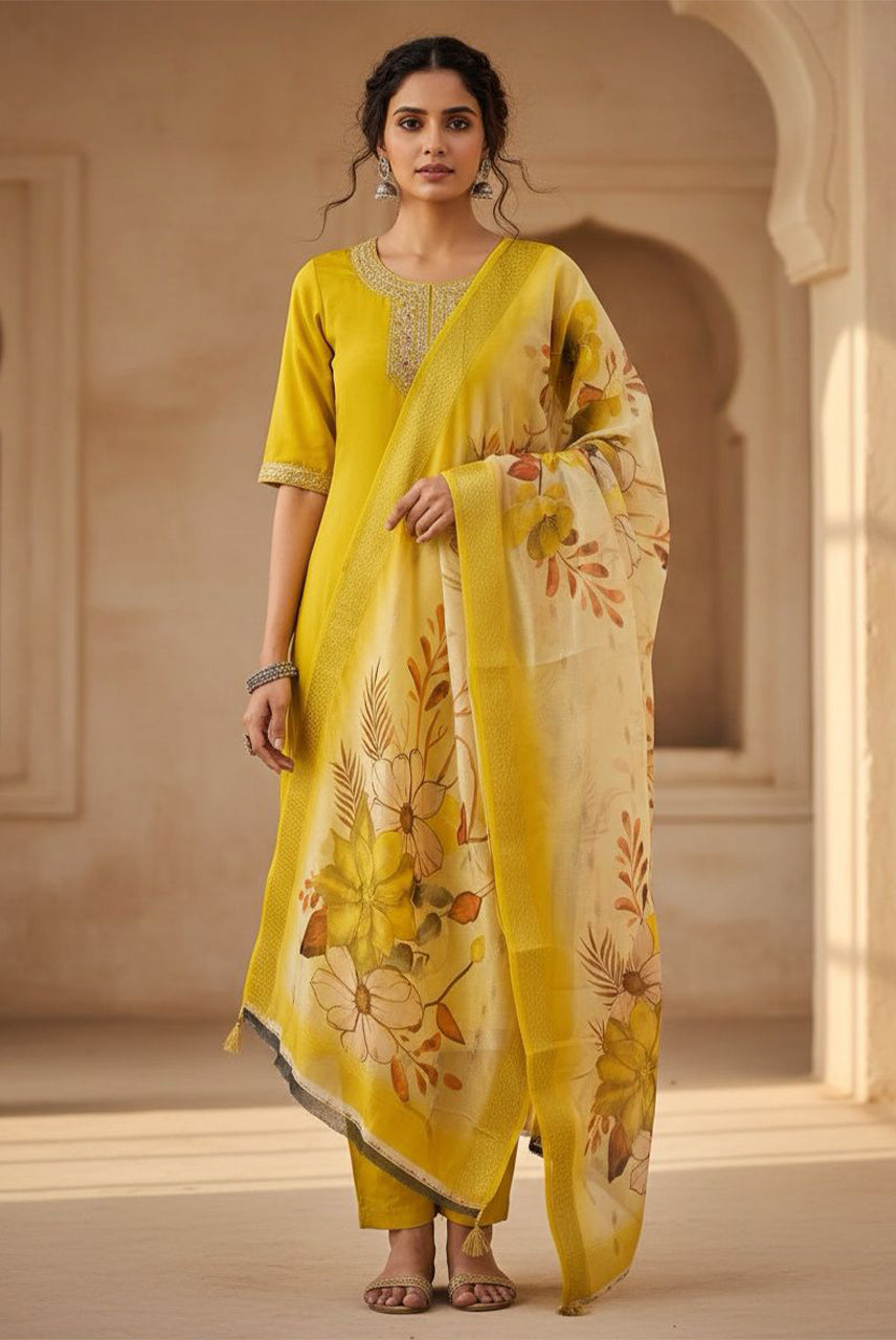 Sunshine Blossom Floral Organza Dupatta Kurta Set