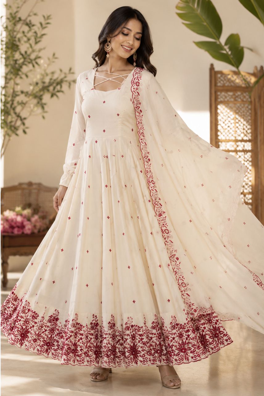 Off-White Embroidered Anarkali Kurta Set with Dupatta