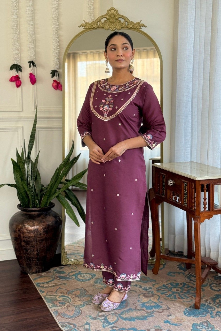 Wine Purple Floral Embroidered Kurta Set with Dupatta
