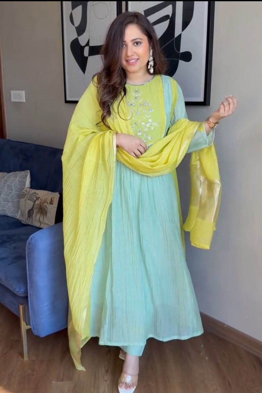 Lime Green & Mint Embroidered Anarkali Kurta Set with Dupatta