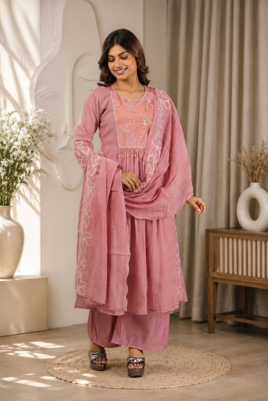 Dusty Rose Mul Chanderi Floral Embroidered Kurta Set with Dupatta