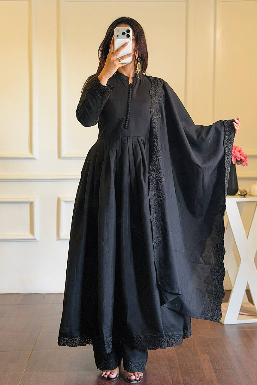 Black Embroidered Anarkali Suit Set with Dupatta