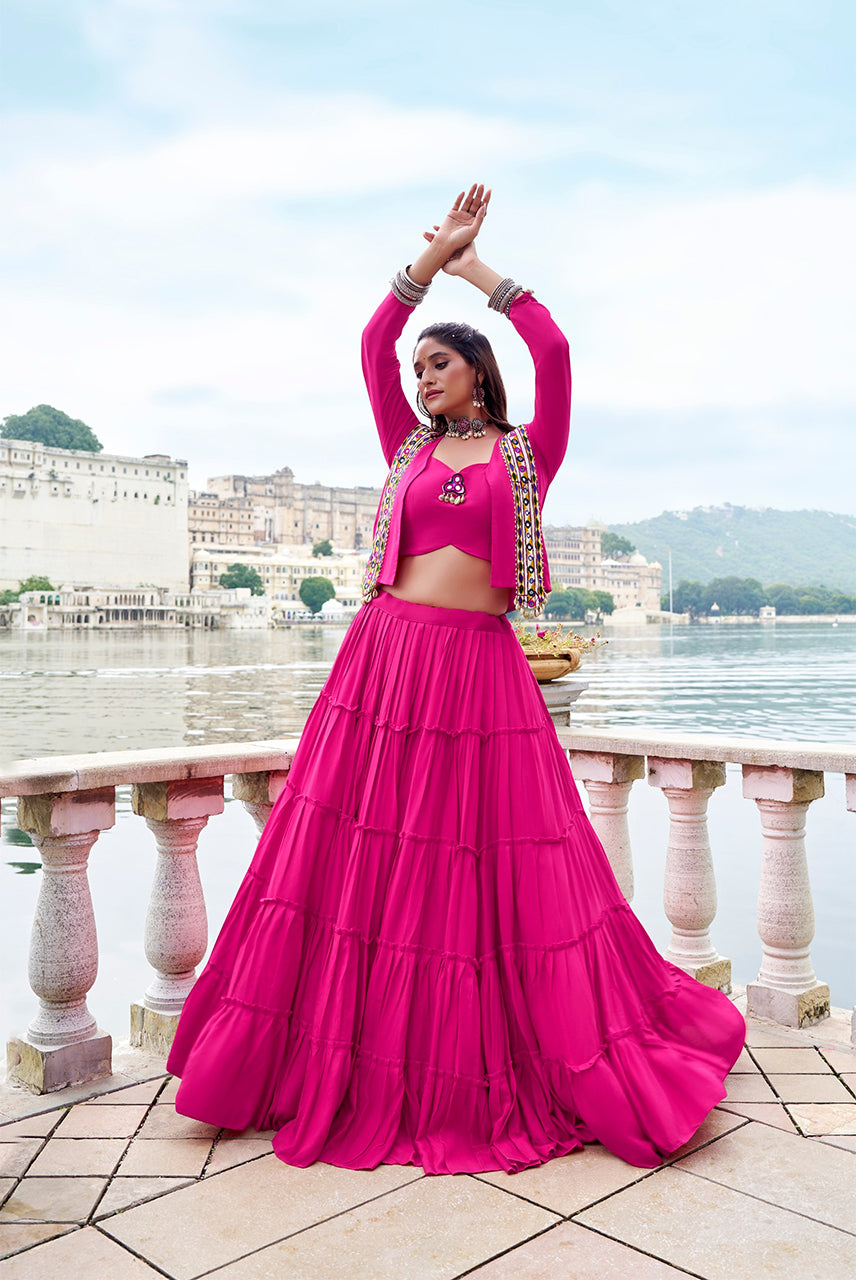 Gulabi Rang Navratri Chaniya Choli with Mirror Work Koti Set