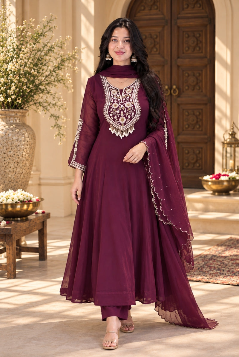 Wine Embroidered Faux Georgette Anarkali Suit Set with Dupatta