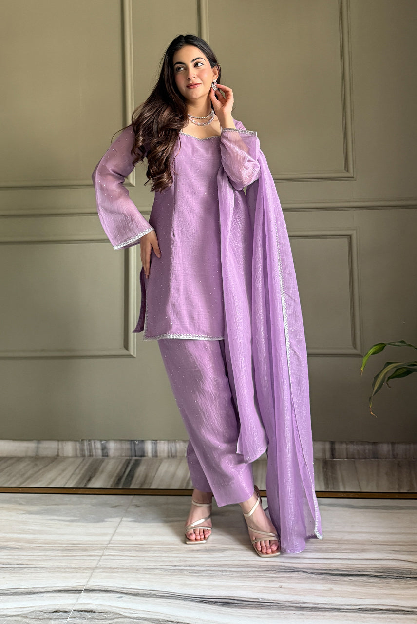 Lavender Glow Embellished Kurta Pant Set with Dupatta