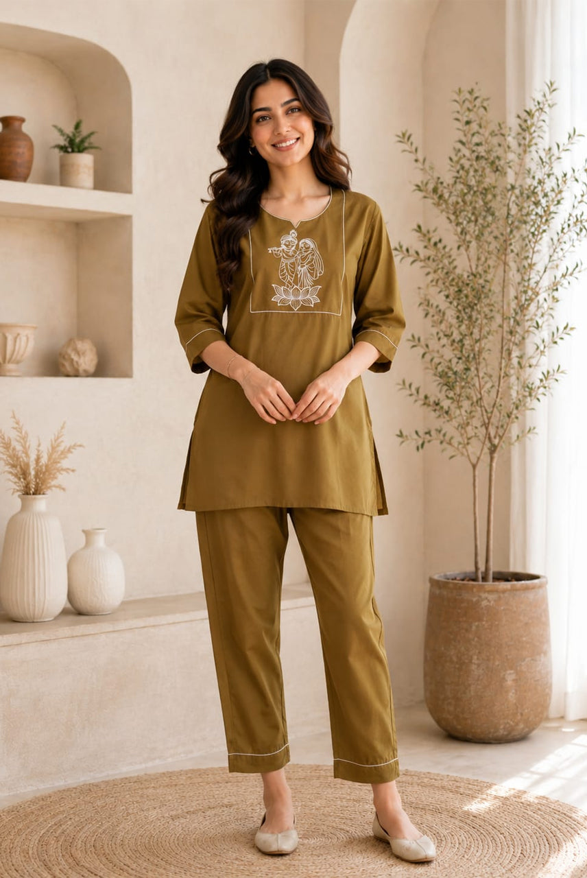 Olive Green Embroidered Co-Ord Set for Women