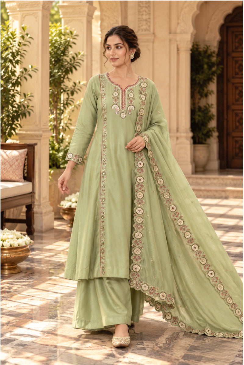 Green Floral Embroidered Mal Chanderi Kurta Set with Dupatta