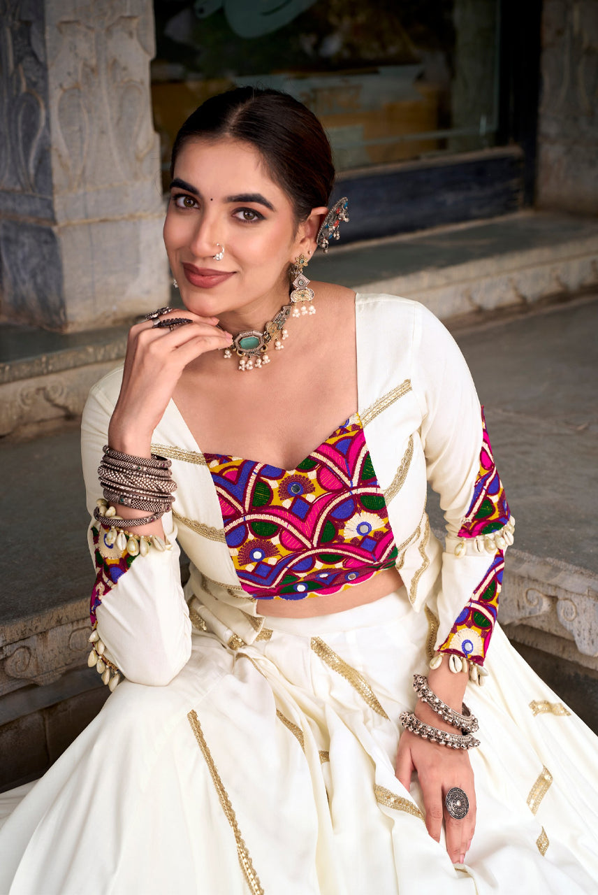 Ivory Embroidered Crop Top with Flared Skirt & Shrug Co-Ord Set