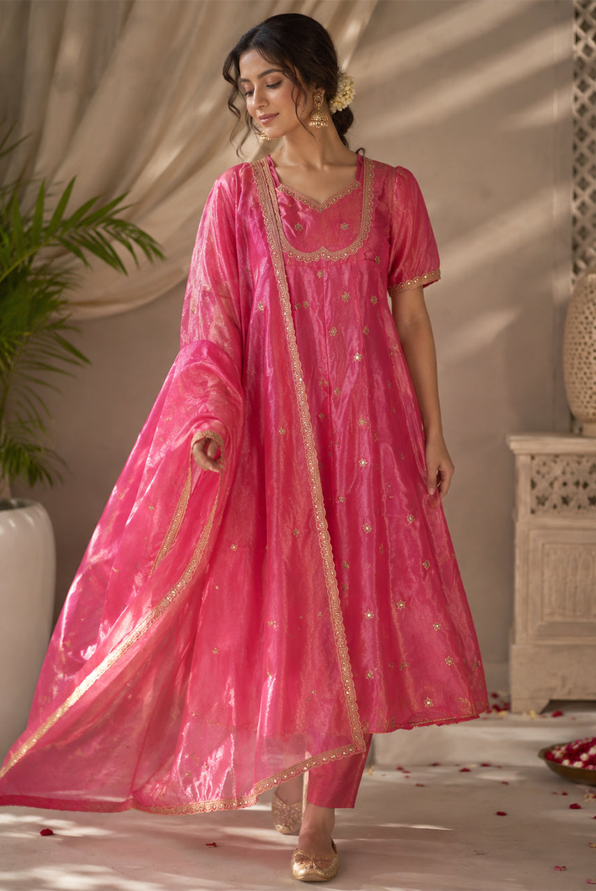 Gulnaar Pink Organza Anarkali Kurta Set