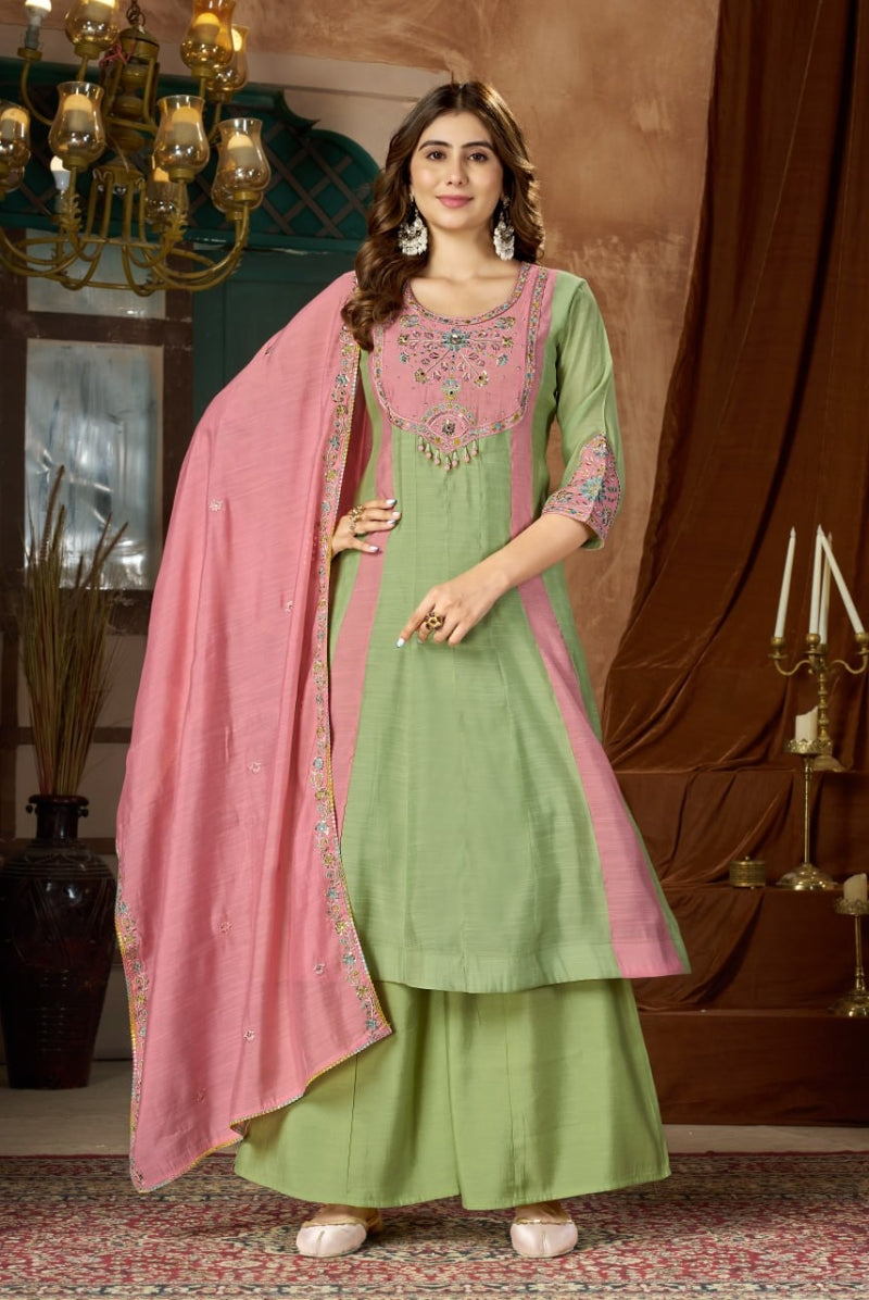 Mint Green & Pink Embroidered Mal Chanderi Kurta Set with Dupatta