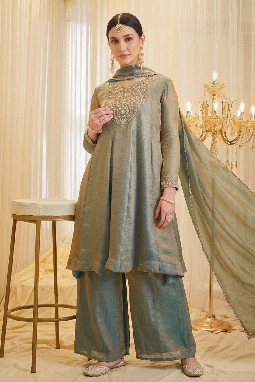 Dusty Sage Green Embroidered A-Line Kurta Palazzo Set with Dupatta