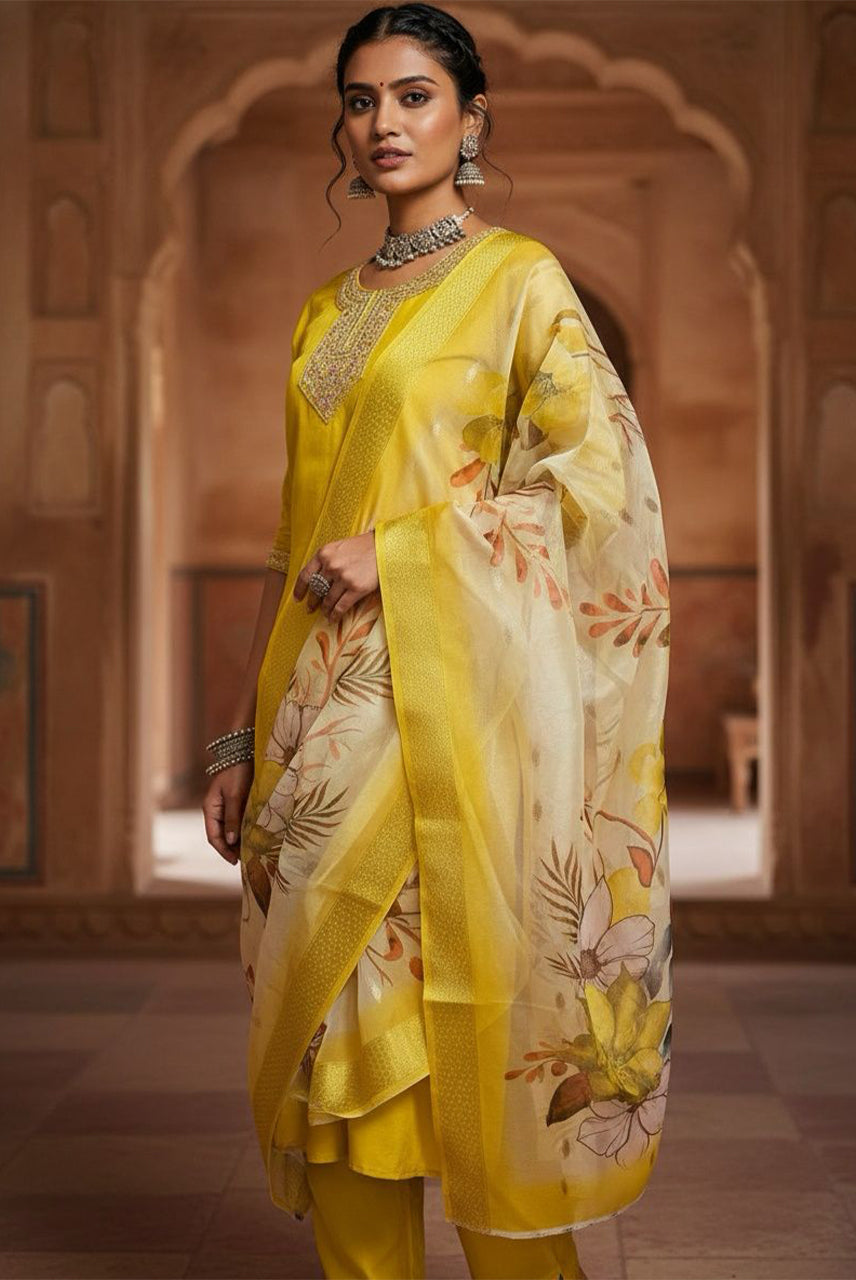 Sunshine Blossom Floral Organza Dupatta Kurta Set