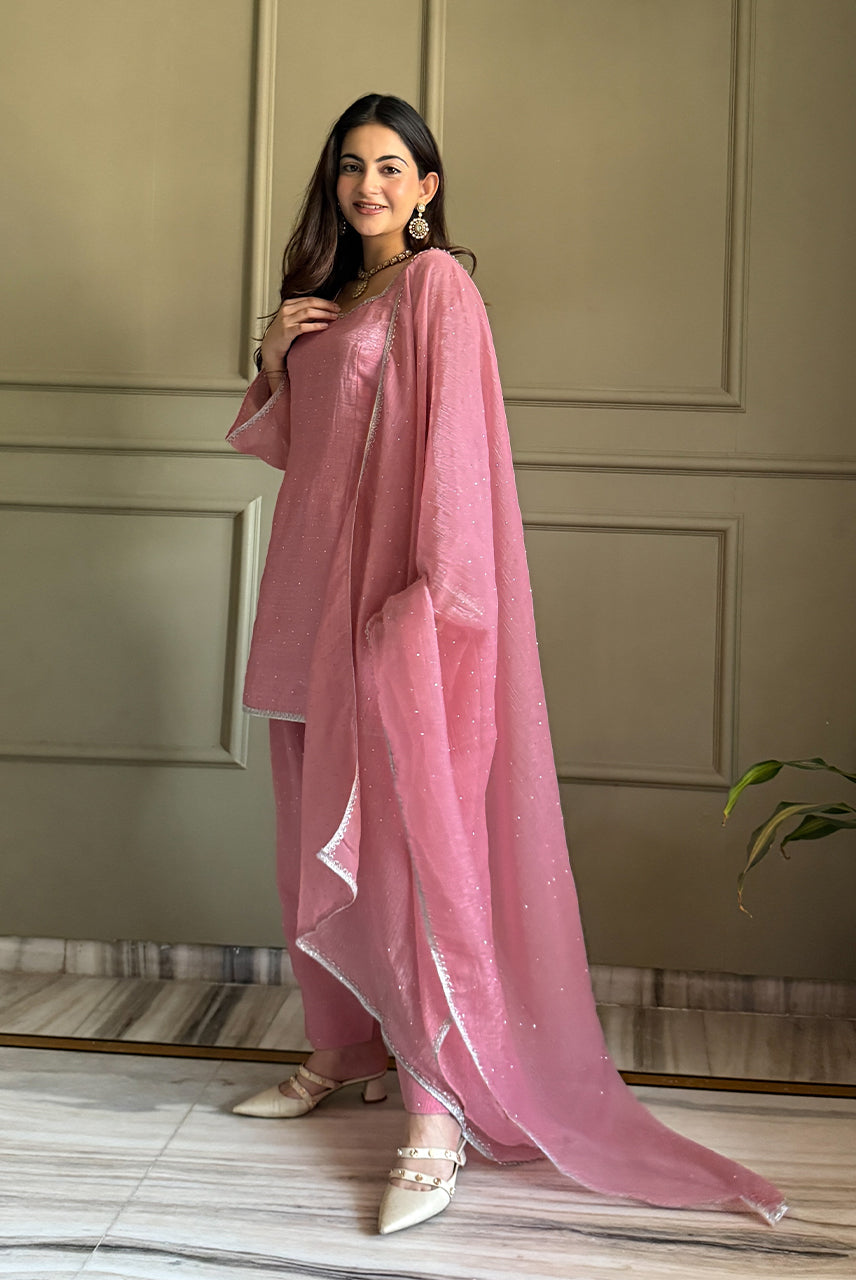 Blush Pink Embellished Kurta Pant Set with Dupatta