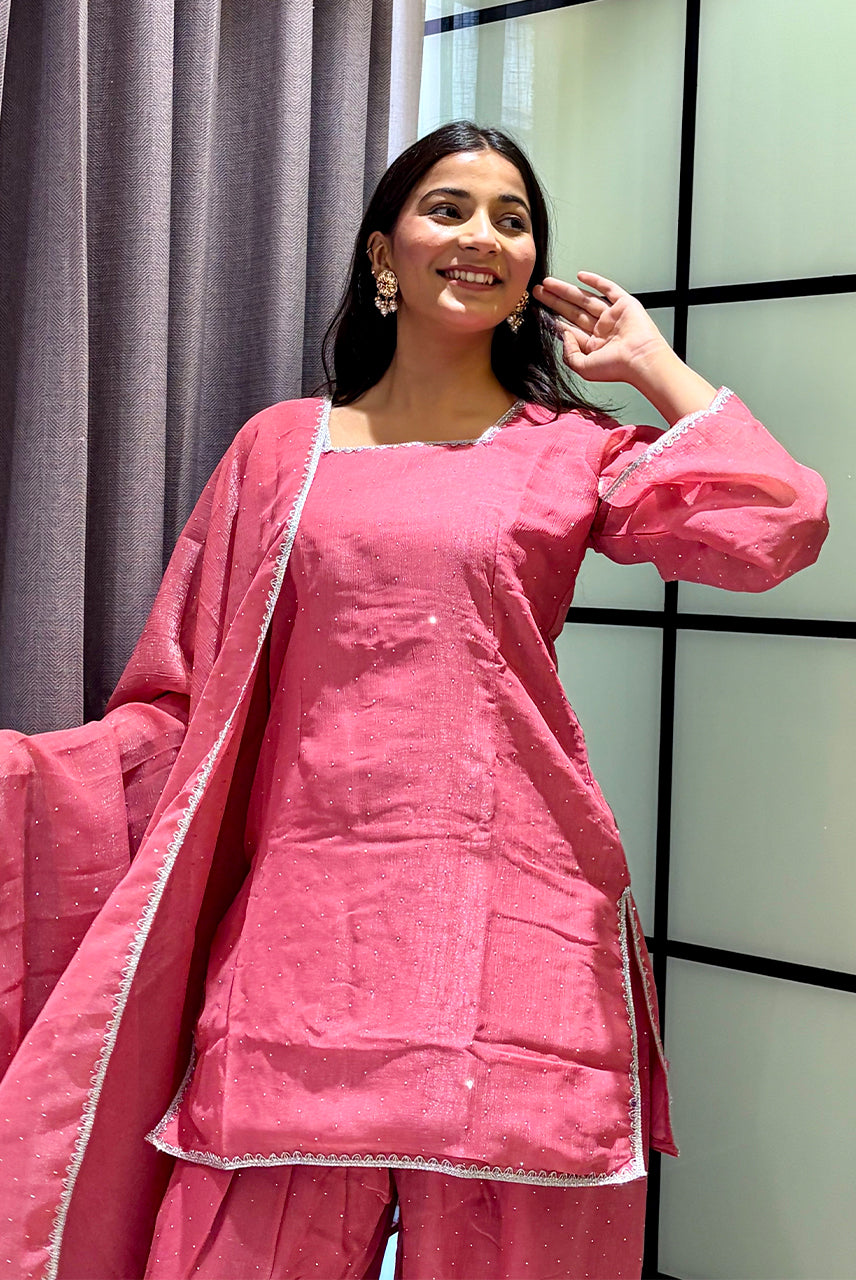 Blush Pink Embellished Kurta Pant Set with Dupatta