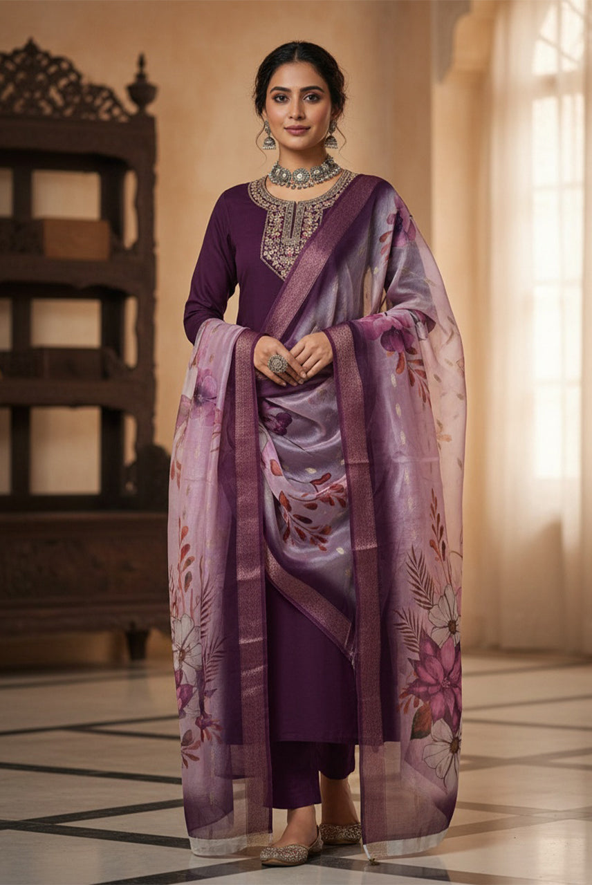 Lavender Bloom Floral Printed Kurta Set with Organza Dupatta