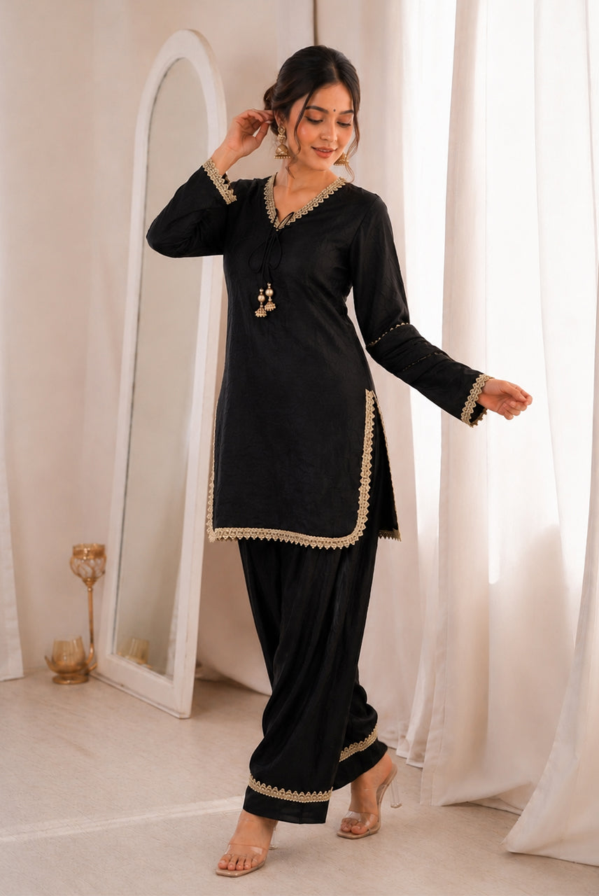 Classic Black Lace Detail Kurta Pant Set with Dupatta
