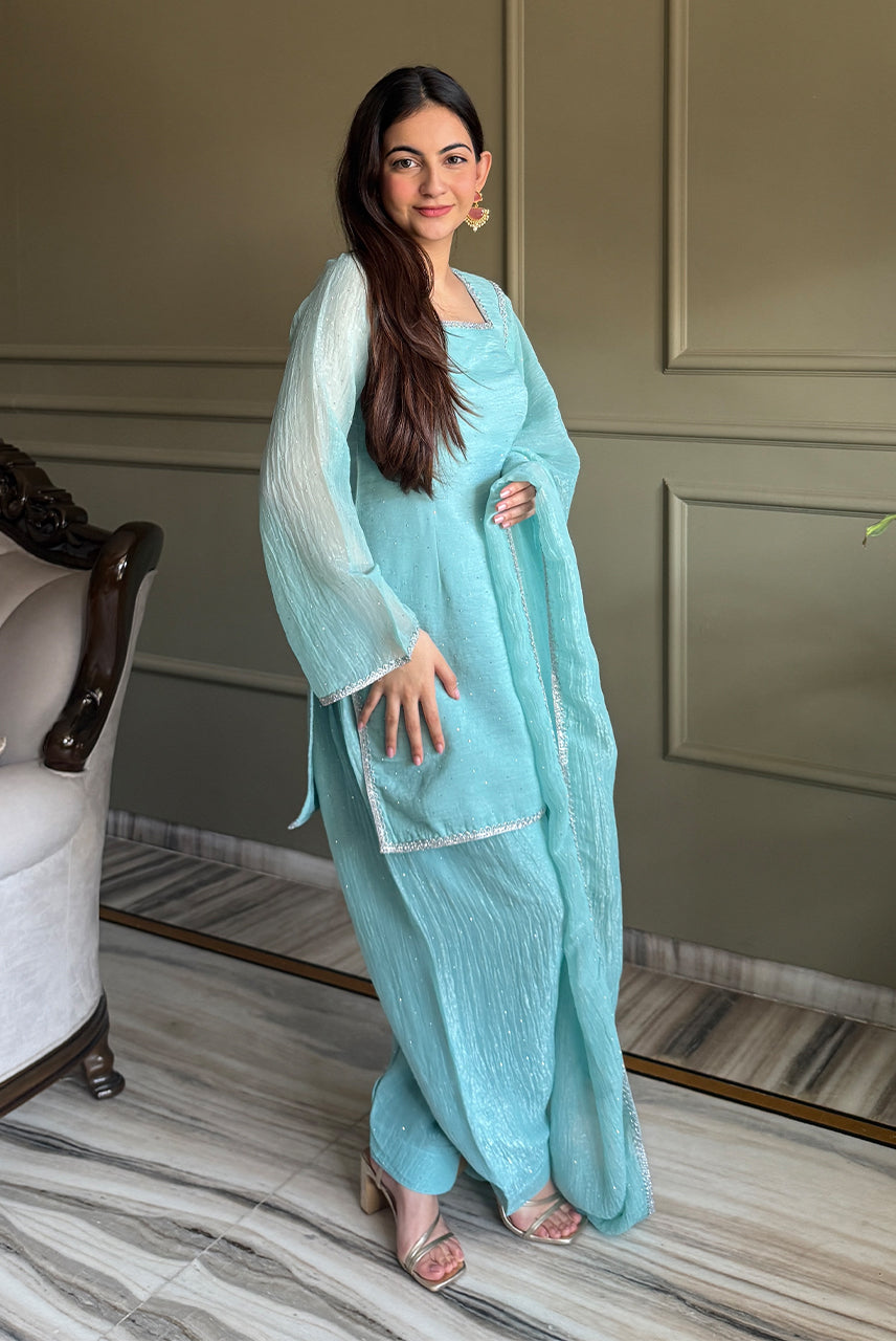 Powder Blue Embellished Kurta Palazzo Set with Dupatta