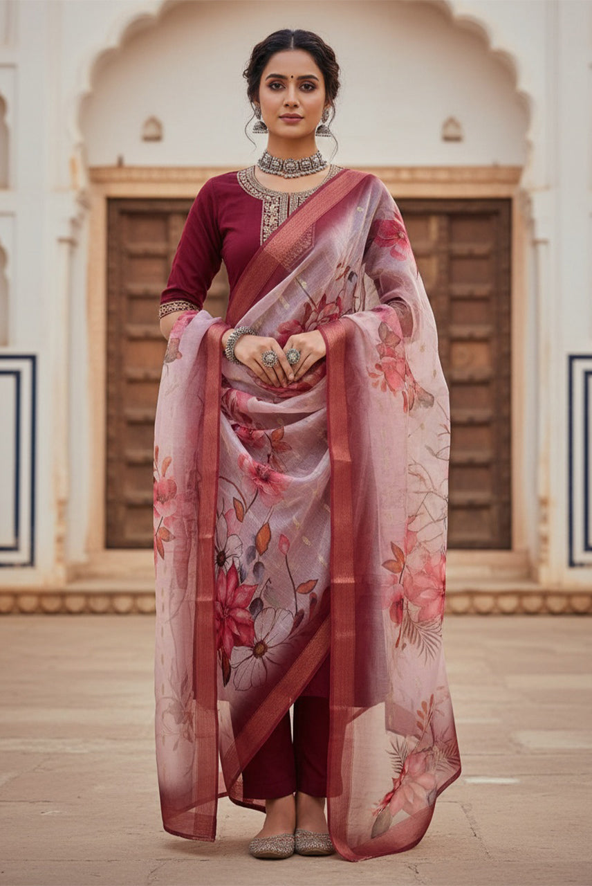 Ruby Bloom Floral Organza Dupatta Kurta Set