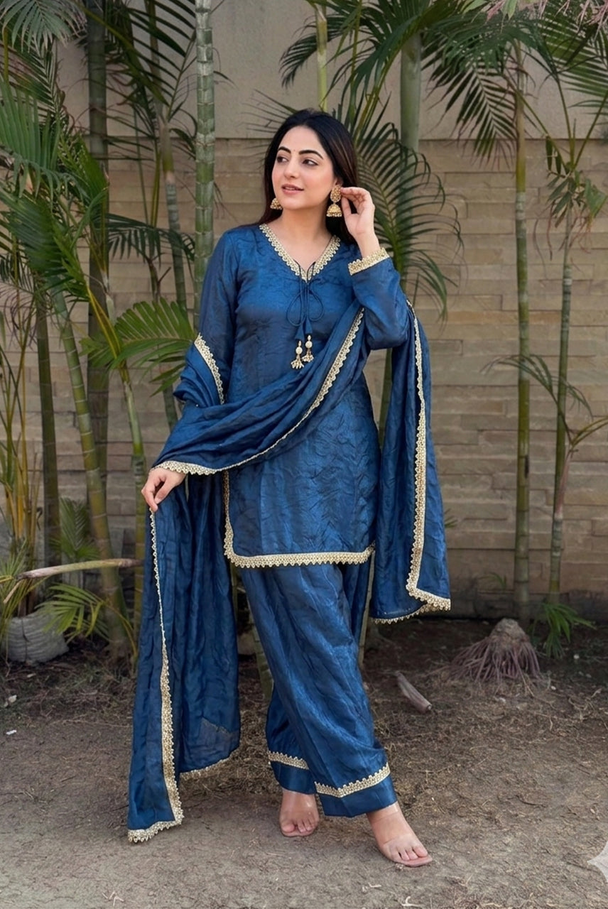 Royal Blue Lace Detailed Kurta Pant Set with Dupatta