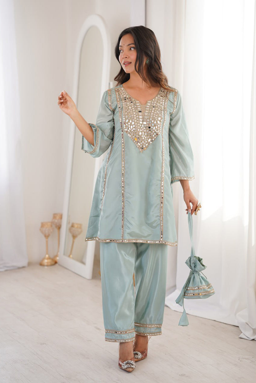 Powder Blue Mirror Work Kurta Sharara Set