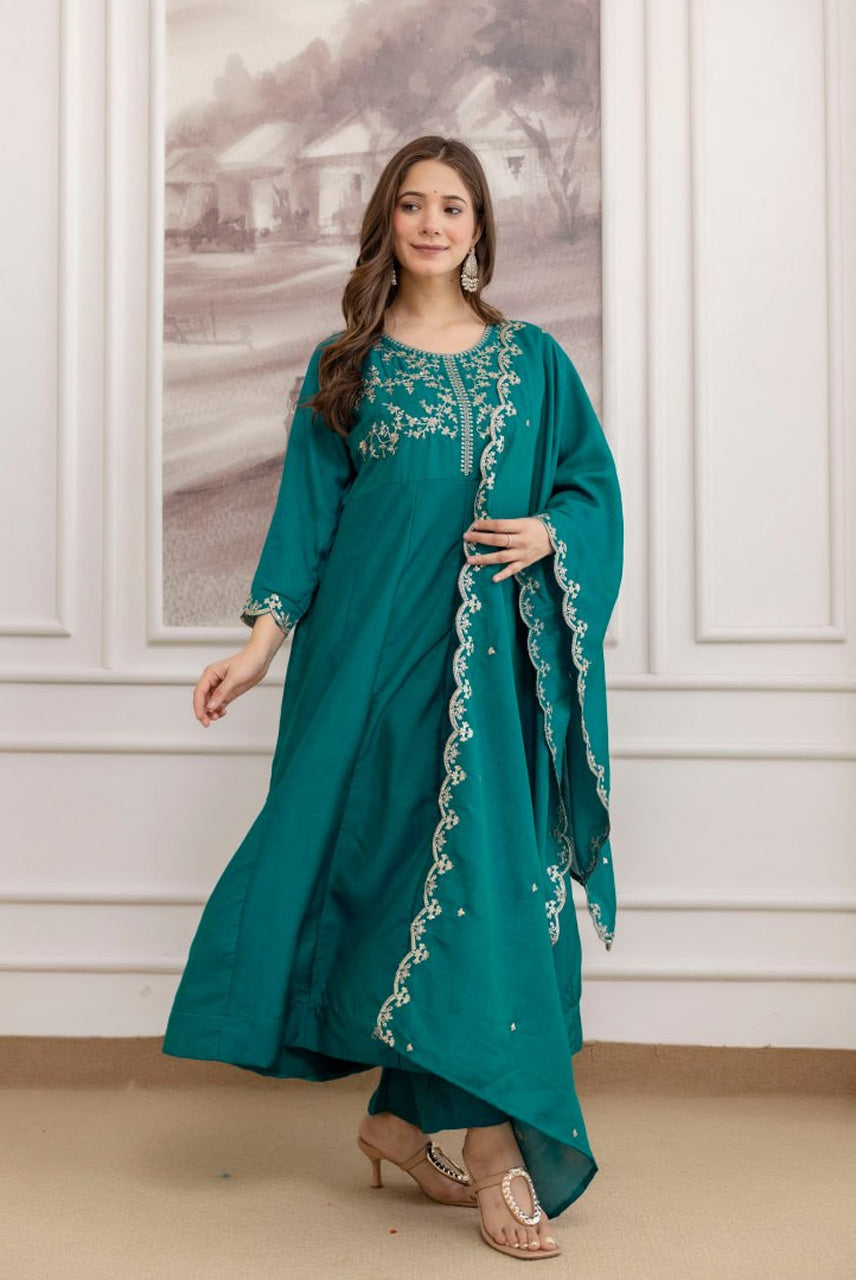 Teal Green Embroidered A-Line Kurta Set with Dupatta