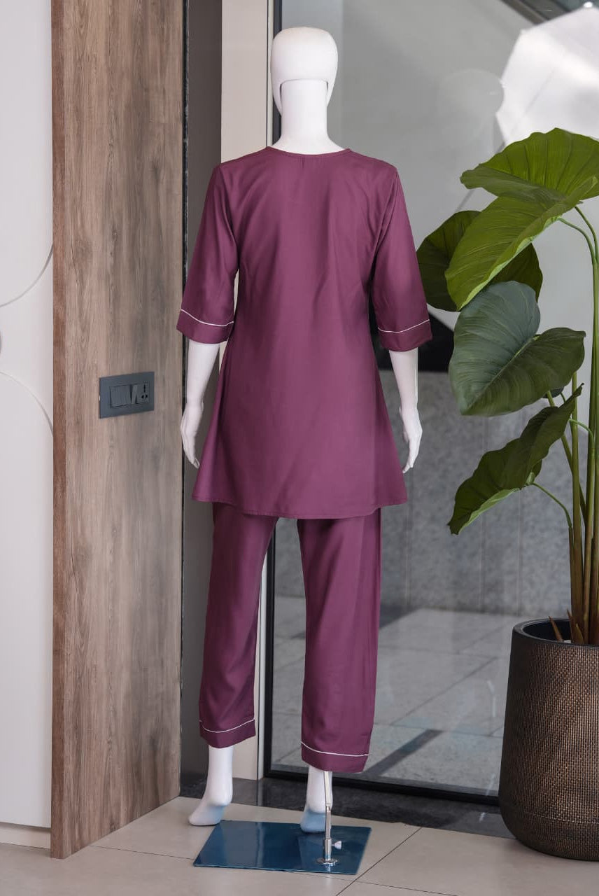 Plum Purple Embroidered Co-Ord Set for Women