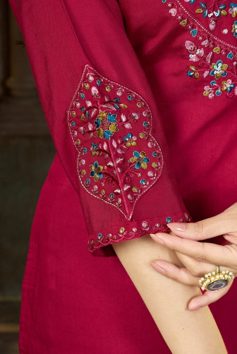 Wine Red Marina Silk Embroidered Suit Set with Dupatta