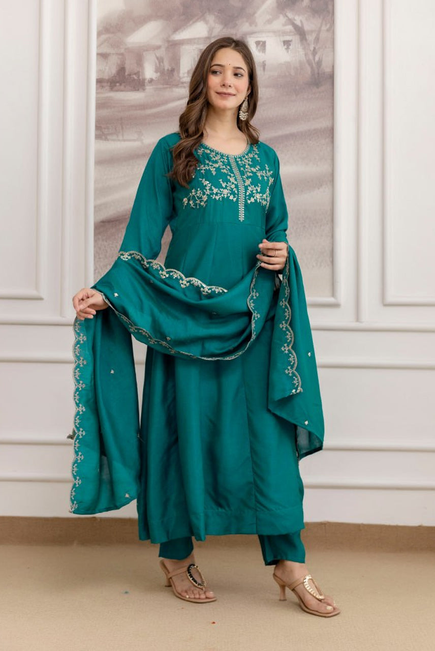 Teal Green Embroidered A-Line Kurta Set with Dupatta