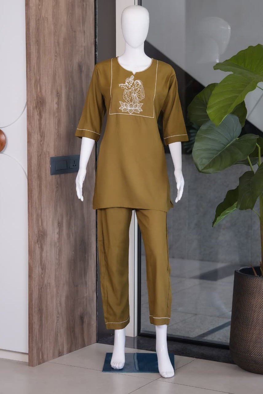 Olive Green Embroidered Co-Ord Set for Women