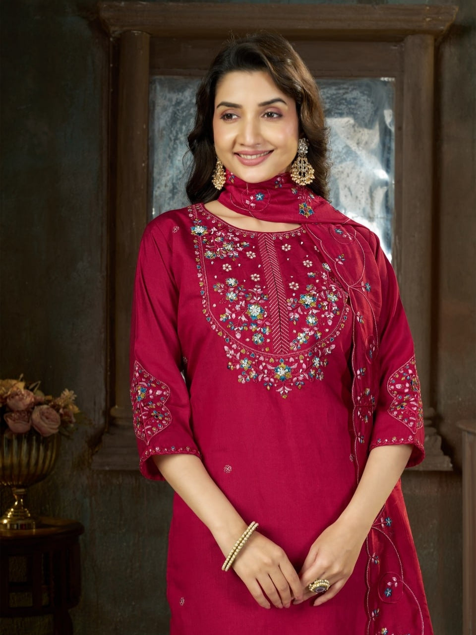 Wine Red Marina Silk Embroidered Suit Set with Dupatta