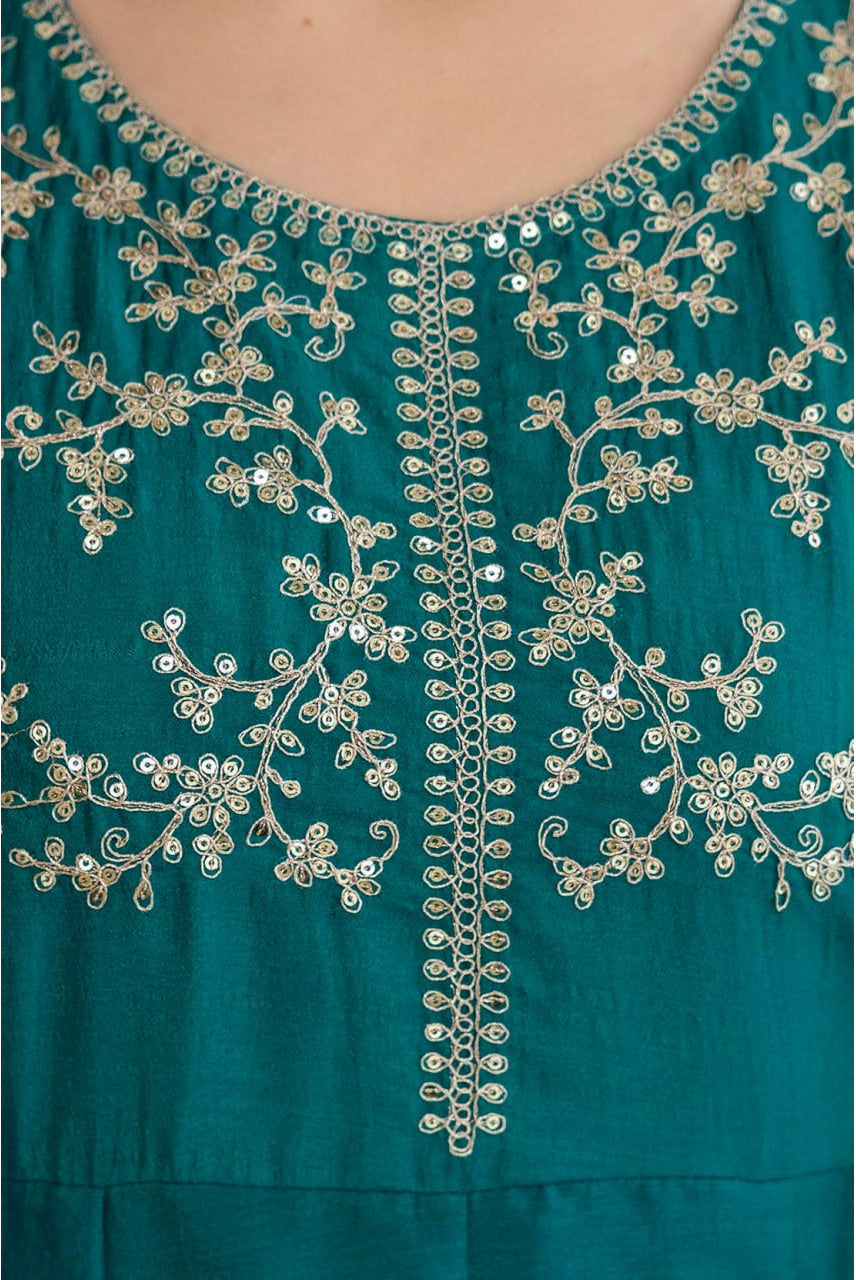 Teal Green Embroidered A-Line Kurta Set with Dupatta